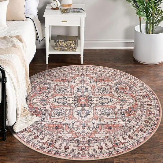 KOZYFLY Boho Round Rug 5 Ft Rugs for Entryway Washable Circle Rug Non Slip Doormat Printed Faux Wool Vintage Round Entryway Rug Floor Carpet Round for Entrance, Bedroom, Red Salmon/Pink/Navy