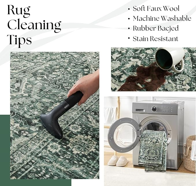BILEEHOME Green Area Rug 5x7 Machine Washable Rug for Bedroom Living Room Boho Vintage Oriental Farmhouse Floral Carpet, Dark Green