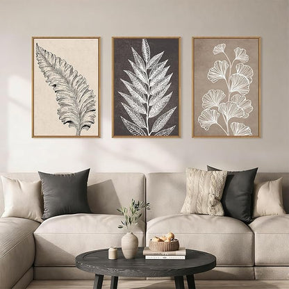 HOURIA Abstract Boho Fern Leaf Floral Framed Canvas Wall Art Set,Vintage Botanical Leaves Wildflower Decor,Modern Minimalist Nature Inspired Beige & Brown Artwork for Living Room,Farmhouse-24 x36 x3