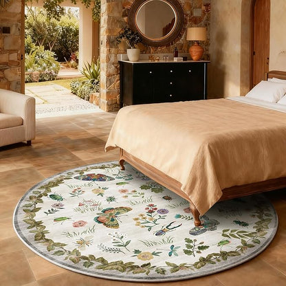 Washable Round Rugs for Bedroom 4ft: Living Room Rug Stain Resistant Non Slip Low Pile Ultra Soft Faux Wool Small Circle Rugs for Entryway Kitchen Bathroom Nursery Dorm Home Office Entrance Indoor