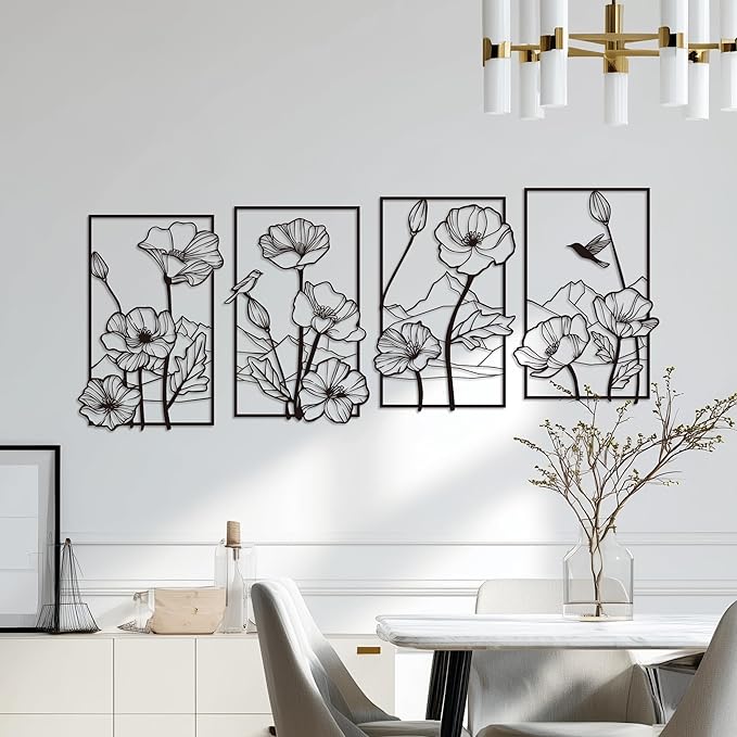 deeinglif Black Metal Wall Art Set of 4, 3D Metal Wall Decor for Living Room Bedroom Bathroom, Abstract Floral Mountain Nature Wall Sculptures, Modern Minimalist Iron Wall Art, 12 x 17 Inch