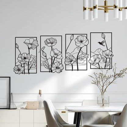 deeinglif Black Metal Wall Art Set of 4, 3D Metal Wall Decor for Living Room Bedroom Bathroom, Abstract Floral Mountain Nature Wall Sculptures, Modern Minimalist Iron Wall Art, 12 x 17 Inch