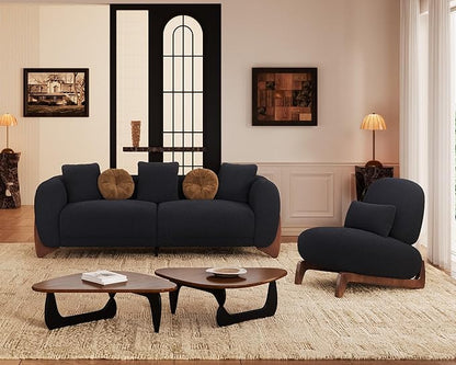 Morden Fort 2 Piece Cloud Couch Set, Modern Sherpa Boucle Sofa Set with Wood Legs, Skin-Friendly Minimalist Upholstered Comfy Couch Sofas for Living Room, 3-Seater Sofa & Tilt Back Chair, Black