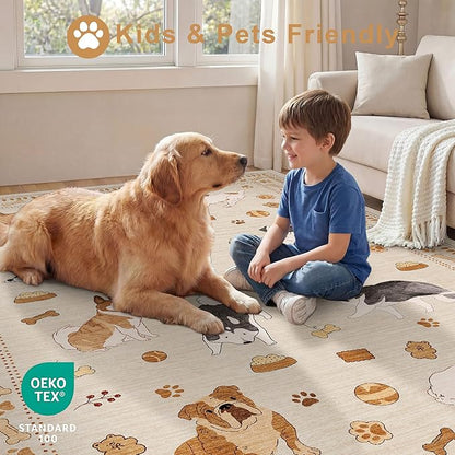 DUKINO 8x10 Area Rug, Non Slip Washable Animal Dog Rug for Living Room, Stain Resistant & Low Pile Indoor Floor Large Carpet for Bedroom, Farmhouse, Nursery, Dining Room, Kids Playroom, Beige Yellow