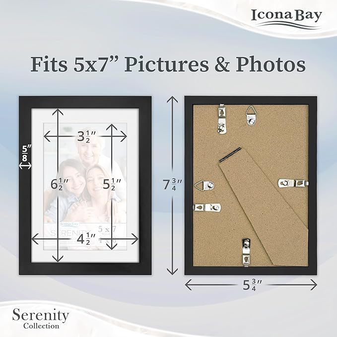 Icona Bay 5x7 Picture Frames w/Removable Mat for 4x6 Photos (Black, 10 Pack), Sleek Modern Style Frames, Table Top or Wall Mount, Serenity Collection