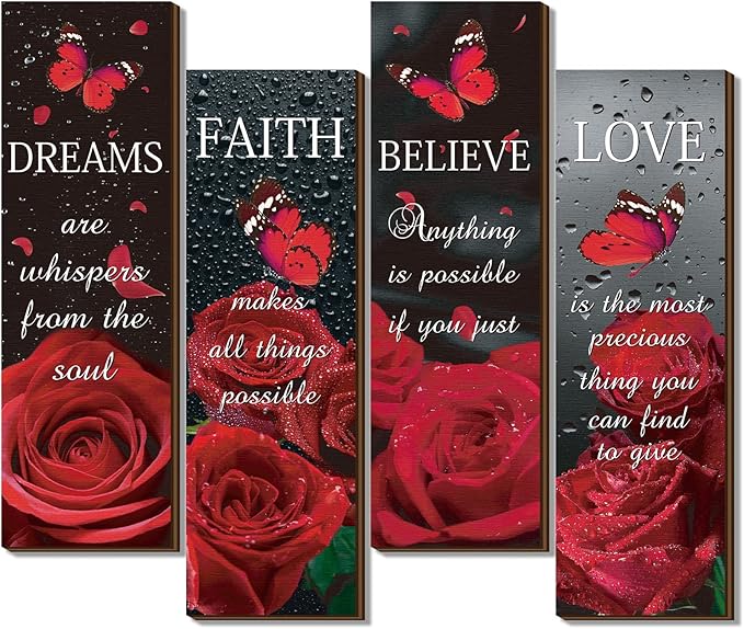 Qunclay 4 Pcs Red Bathroom Decor Red Rose Wooden Wall Decor Dream Faith Believe Love Inspirational Quote Wooden Sign Rustic Floral Butterfly for Women Home Bathroom Bedroom Living Room