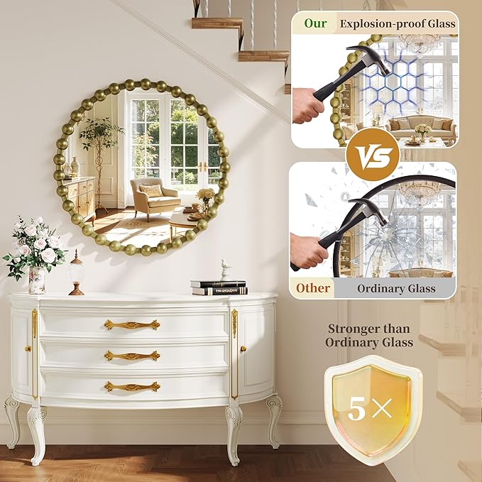 Round Mirror for Wall, 28 Inch Bronze Round Vanity Mirror with Beaded Frame, Modern Decorative Wall Mirror for Bathroom, Entryway, Bedroom, Living Room, Shatter-Proof Tempered Glass, Bronze