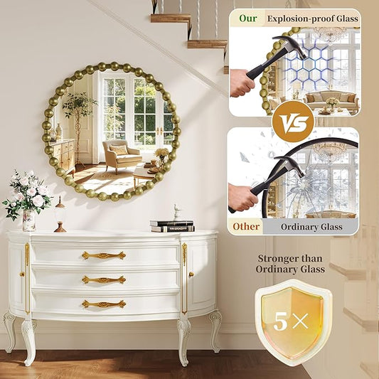 Round Mirror for Wall, 28 Inch Bronze Round Vanity Mirror with Beaded Frame, Modern Decorative Wall Mirror for Bathroom, Entryway, Bedroom, Living Room, Shatter-Proof Tempered Glass, Bronze