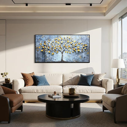 SERIMINO Tree of Life Wall Art, Large Framed Wall Art, Abstract Art Wall Decor, Blue Gold Tree Painting Prints, Nature Aesthetic Canvas Pictures for Living Room Bedroom Hallway Office Artwork 24"x48"