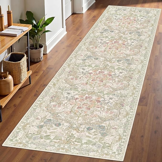 Lunasun Floral 3x8 Wide Hallway Runner - Sage Green with Cream Accent, Boho Forest Decor, Washable Low Pile Non Slip Stain Resistant Rug for Long Kitchen, Large Bathroom, Hall Way