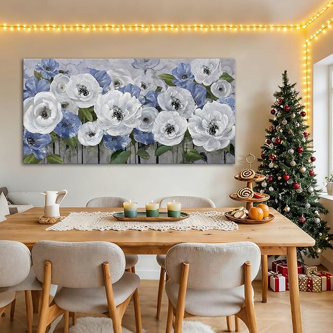 Mofutinpo Floral Wall Art for Living Room-Large Blue and White Flower Paintings, Textured Nature Artwork Pictures on Canvas, Landscape and Flower Wall Art for Bedroom Decor