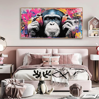 Sorbrozo Colorful Gorilla with Headphones - Street Graffiti Wall Art Print DJ Music Animal Canvas Painting Urban Wall Decor for Boys Room 24x48in