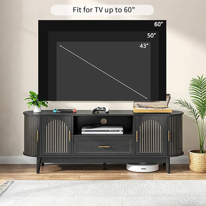 63" Fluted TV Stand for Tvs up to 70", Mid-Century Modern Entertainment Center with Drawers and Fluted Doors, Curved TV Media Console Table with Sliding Doors for Living Room, Bedroom (63" Black)