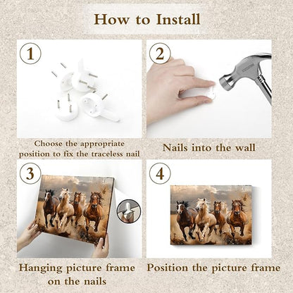 LB Vintage Horse Canvas Wall Art Brown White Horse Animal Wall Decor Running Horses Prints Wall Decoration for Living Room Bedroom Home Office Framed Ready to Hang 12L x 16W