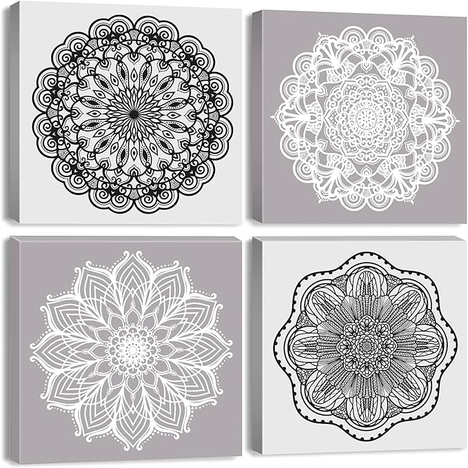 Mandala Wall Art Living Room Boho Wall Decor for Bedroom Mid Century Modern Picture Prints Abstract Lotus Flowers Canvas Paintings Grey White Minimalist Artwork Bathroom Home Decoration 12x12" 4PCs