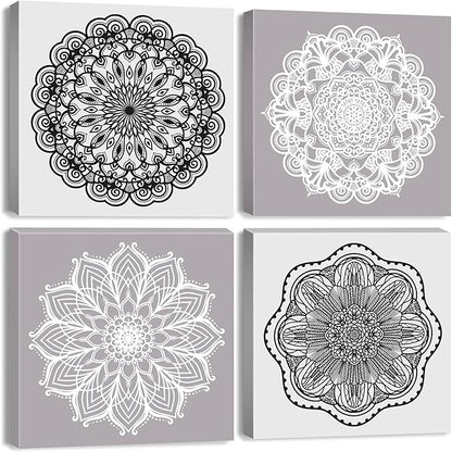 Mandala Wall Art Living Room Boho Wall Decor for Bedroom Mid Century Modern Picture Prints Abstract Lotus Flowers Canvas Paintings Grey White Minimalist Artwork Bathroom Home Decoration 12x12" 4PCs