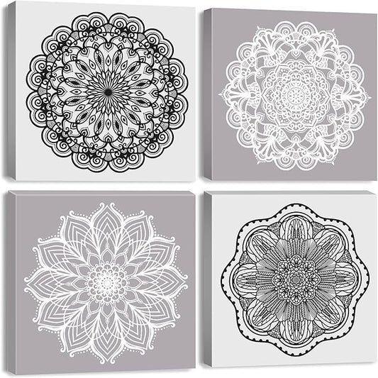 Mandala Wall Art Living Room Boho Wall Decor for Bedroom Mid Century Modern Picture Prints Abstract Lotus Flowers Canvas Paintings Grey White Minimalist Artwork Bathroom Home Decoration 12x12" 4PCs