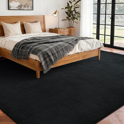 FinRèc 6x9 Washable Area Rugs for Bedroom Living Room, Low Pile Thin Rug Solid Color, Non-Slip Carpet Indoor for Home Decor (Pure Black)