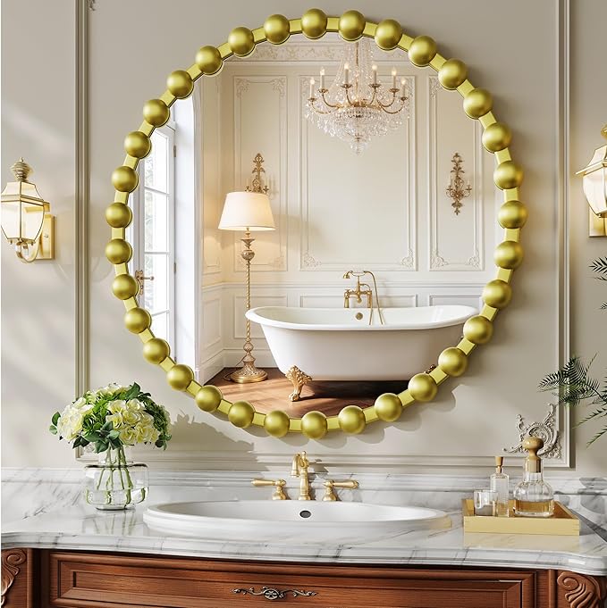 Round Mirror for Wall, 28 Inch Gold Round Vanity Mirror with Beaded Frame, Modern Decorative Wall Mirror for Bathroom, Entryway, Bedroom, Living Room, Gold
