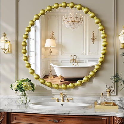 Round Mirror for Wall, 28 Inch Gold Round Vanity Mirror with Beaded Frame, Modern Decorative Wall Mirror for Bathroom, Entryway, Bedroom, Living Room, Gold