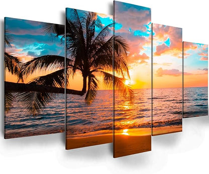 Abstract Ocean Photo Painting Poster Printed Abstract Landscape Blue Sky Screen Beautiful Ocean Beach Wall Art Canvas Print Framed Picture Painting for Room Home Decorations (C-5pcs,80"x40")