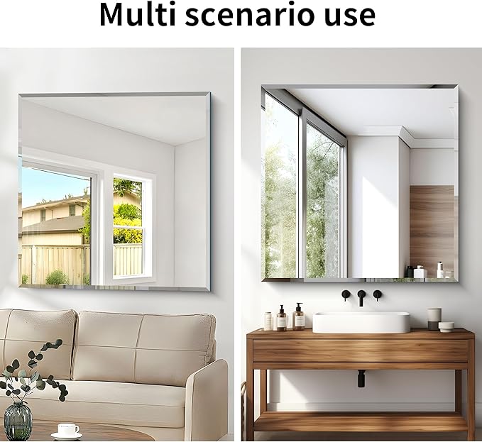 CILIBER Beveled Mirror, 42x42 Inch Frameless Bathroom Mirrors for Wall, 3mm Tempered Glass, Upgraded Shatterproof Square Vanity Mirror Over Sink for Bathroom, Bedroom, Living Room and Entryway