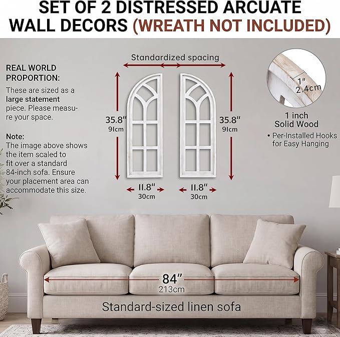 SwallowLiving Set of 2 Cathedral Arch Window Frame Wall Decor - 36" Large Rustic Farmhouse Wood Wall Art - Distressed White Architectural Hanging for Living Room, Entryway & Mantel (NO WREATH)
