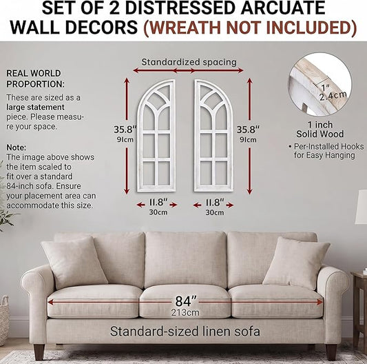 SwallowLiving Set of 2 Cathedral Arch Window Frame Wall Decor - 36" Large Rustic Farmhouse Wood Wall Art - Distressed White Architectural Hanging for Living Room, Entryway & Mantel (NO WREATH)