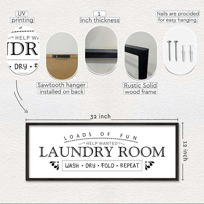 Wash Dry Fold Repeat Wall Decor Art 32"X12" Laundry Room Sign Bathroom Laundry Rules Large Wood Framed Wall Hanging (Black)