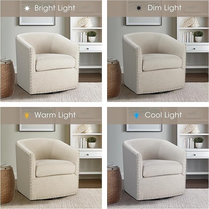Madison Park Swivel Barrel Accent Chair, Upholstered Curved Back with 7-Inch Thick Woven Cushion, 360° Swivel, Nailhead Trim, Comfy Chair for Living Room, Bedroom, Office, 28" Wide, Neutral, Tyler