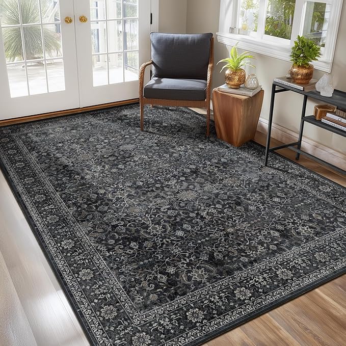 Washable Dark 5x8 Area Rugs, Vintage Farmhouse Earth Tone Carpet for Living Room Bedroom, Low Pile Thin Rug with Non Slip Rubber Backing for Dining Room Kitchen Home Office