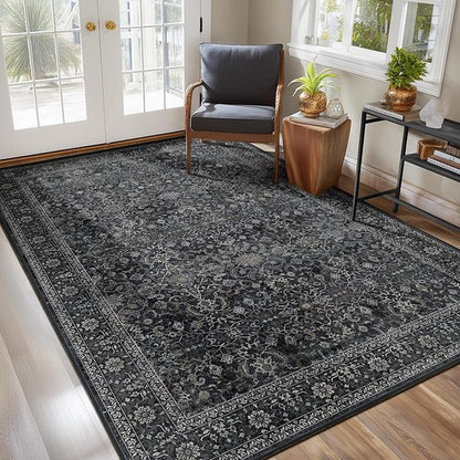 Dark Area Rug 6x9, Vintage Earth Tone Rugs for Living Room Bedroom, Washable Non Slip Low Pile Thin Carpet Rug for Dining Room Guest Room Home Office, Farmhouse Distressed Midnight