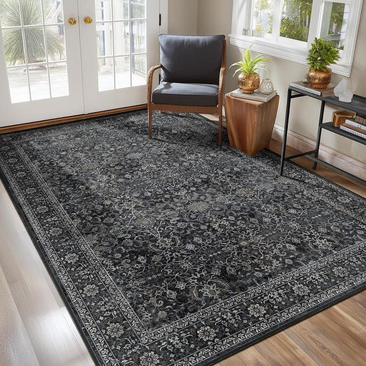 Dark Area Rug 6x9, Vintage Earth Tone Rugs for Living Room Bedroom, Washable Non Slip Low Pile Thin Carpet Rug for Dining Room Guest Room Home Office, Farmhouse Distressed Midnight