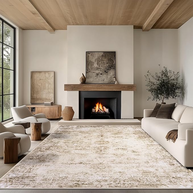 6x9 Area Rug Living Room Rugs - Washable Rug Large Modern Abstract Soft Thin Carpets Indoor Floor No Slip Vintage Carpet for Bedroom Under Dining Table Nursery Home Office Decor Beige