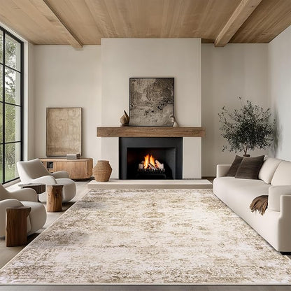 6x9 Area Rug Living Room Rugs - Washable Rug Large Modern Abstract Soft Thin Carpets Indoor Floor No Slip Vintage Carpet for Bedroom Under Dining Table Nursery Home Office Decor Beige