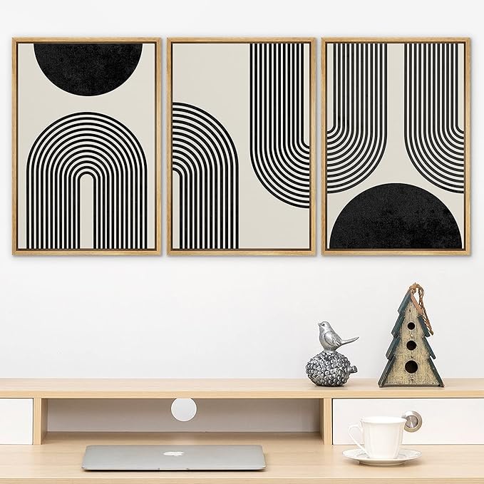 SIGNLEADER Framed Canvas Print Wall Art Spiral Parabolas & Solid Semi Circle Geometric Shapes Drawings Modern Art Contemporary Edgy Black and White for Living Room, Bedroom, Office - 24"x36"x3 Natural