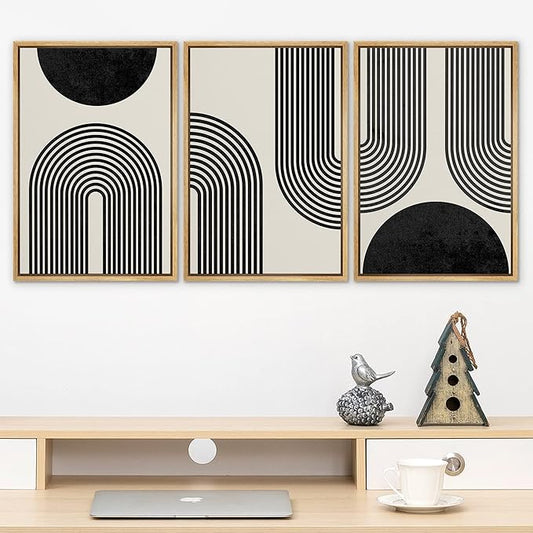 SIGNLEADER Framed Canvas Print Wall Art Spiral Parabolas & Solid Semi Circle Geometric Shapes Drawings Modern Art Contemporary Edgy Black and White for Living Room, Bedroom, Office - 16"x24"x3 Natural