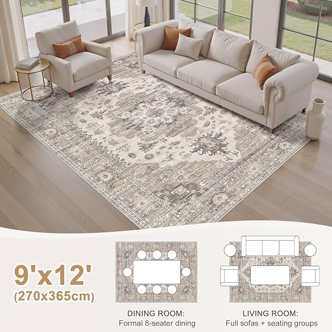 EIEIHOUSE Washable Area Rugs for Living Room - 9x12 Neutral Vintage Distressed Floral Farmhouse Boho Large Soft Floor Rug Indoor Non Slip Carpet for Living Room Bedroom Dining Room Office-Brown/Beige