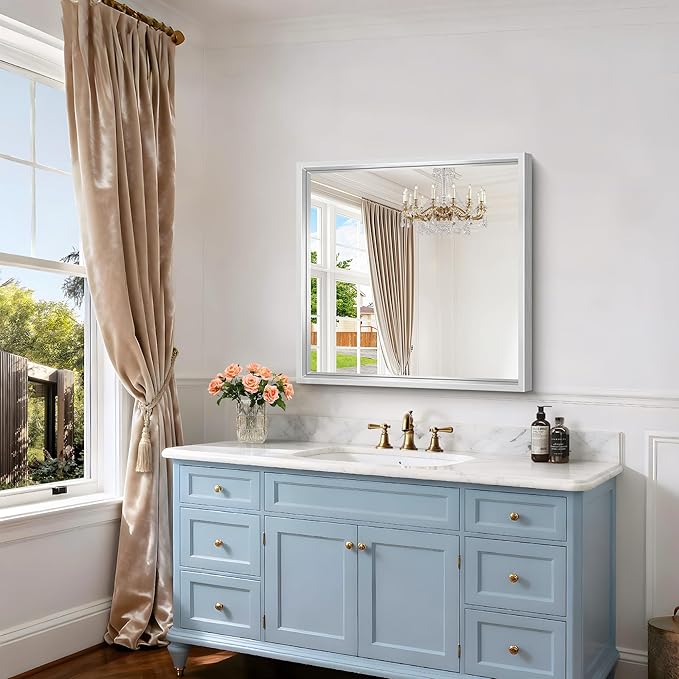 30 x 30 Silver Bathroom Mirror, Brushed Silver Square Mirror for Wall, 0.6" Thickened Deep Frame Mirrors for Bathroom Sink, Shatterproof Tempered Glass, Antirust, Horizontally or Vertically