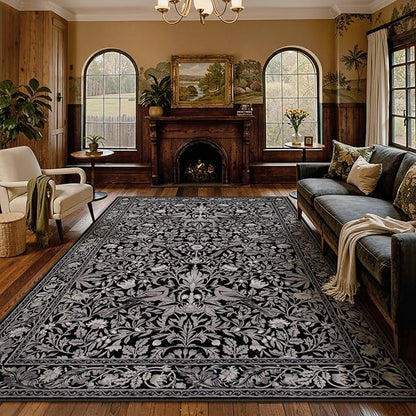 Lahome Bird Living Room Rugs 8x10, Soft Washable Black Rug for Bedroom, Dining Room Rug for Under Table，Non-Slip Stain Resistance Botanical Ultra-Thin Vintage Carpet for Office