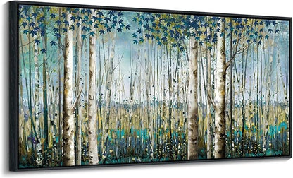 Pogusmavi Tree of Life Wall Art - Large Nature Birch Tree Canvas Painting for Home Decor | Framed Green Artwork for Living Room, Bedroom, and Office | Teal Wall Art Decoration 24x48 Inch