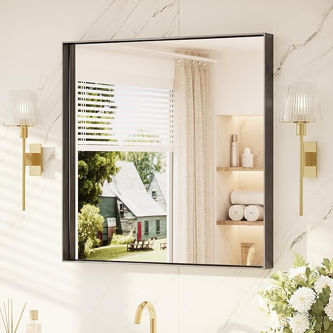 TETOTE Black Bathroom Mirror 30" x 30" Matte Black Vanity Mirror for Over Sink, Tempered Glass, Modern Farmhouse Rectangle Frame Wall Mirrors for Bathroom, Living Room, Bedroom, Entryway