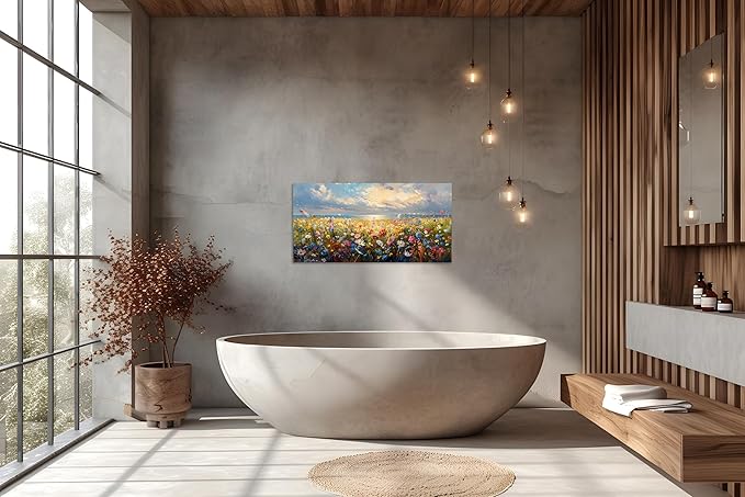 TutuBeer 1 Pcs Wildflower Field Artwork Rustic Wildflower Field at Beach Vintage Wall Art Canvas Prints Wild Flower Wall Art Rustic Style Kitchen Office Farmhouse Bathroom Decor 8x16inch