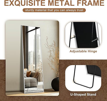 Delma Full Length Mirror,Large Floor Mirror with Aluminum Frame for Bedroom, Bathroom, Living Room,Wall Mount or Freestanding Design, Silver, 56" L x 15" W x 1Pcs