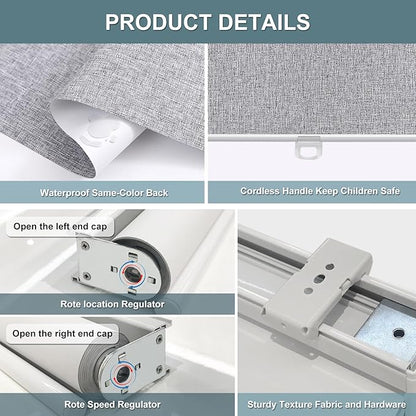 Cordless Roller Shades Blackout Blinds for Windows Room Darkening Rolled Up Shades with Spring System, UV Protection Natural Linen Fabric Window Shades Door Blinds for Home,22" W x 72" H, Heather Grey
