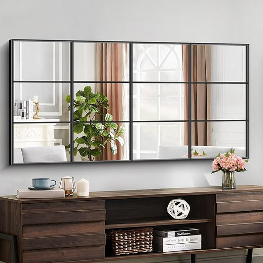 Rectangle Mirror, Wall Mounted, 30"x60" Window Pane Mirror Wall Decor Metal Framed, Large Black Mirror for Bedroom Living Room Fireplace Entryway Hanging or Leaning Against Wall