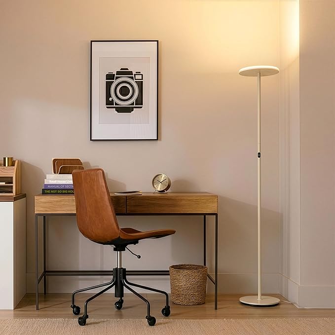 Brightech Sky LED Floor lamp, Torchiere Super Bright Floor Lamp for Living Room Decor & Office - Dimmable, Tall Standing Lamp with Warm Light for Bedroom & Reading - Cream