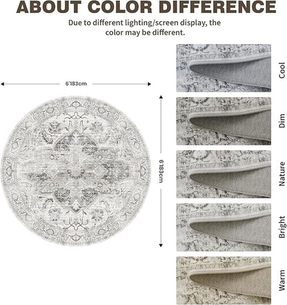 Washable 6ft Round Area Rug - Vintage Non-Slip Circle Rugs for Living Room, Low-Pile Stain Resistant Round Indoor Carpet for Bedroom Dining Room Ivory/Gray