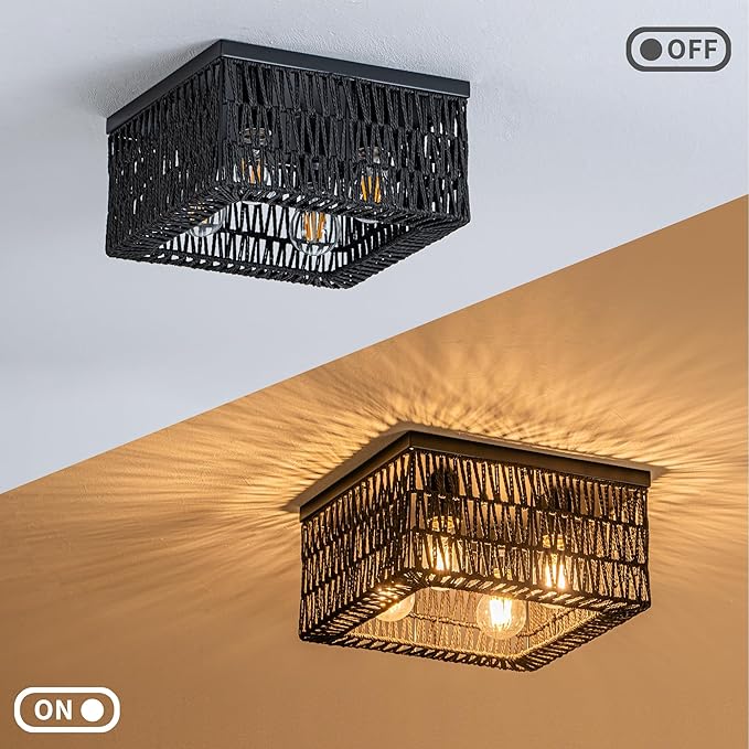 Rpzloila Black Rattan Ceiling Light, 4-Light Boho Light Fixture, Square Flush Mount Ceiling Light for Bedroom, Hallway, Entryway, Kitchen, Living Room