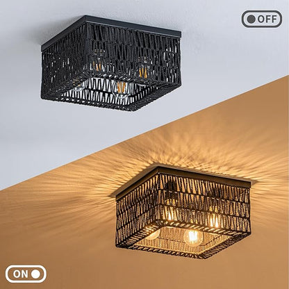 Rpzloila Black Rattan Ceiling Light, 4-Light Boho Light Fixture, Square Flush Mount Ceiling Light for Bedroom, Hallway, Entryway, Kitchen, Living Room